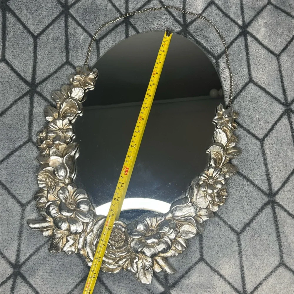 Vintage Look Ornate Silver Floral Oval Vanity Mirror